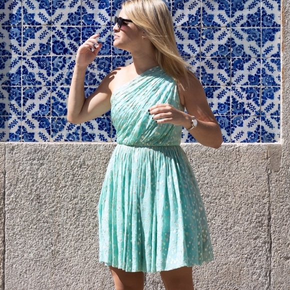 Shoshanna Rayna Dress in Aqua & Metallic Gold One Shoulder size 6 - Picture 6 of 15
